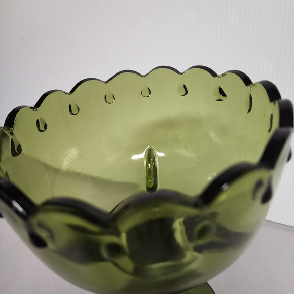Vintage Indian Glass Scalloped Green teardrop pedestal compote EUC - Picture 4 of 5